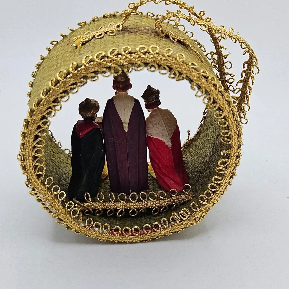Vintage Three Wise Men Christmas Ornament Handmade Burlap Gold Trim Nativity